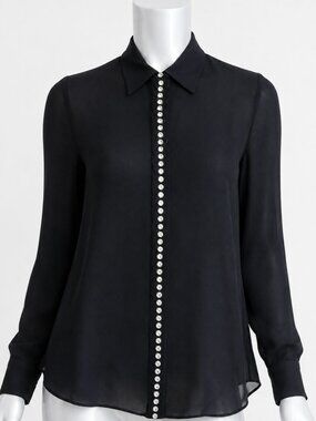 Alice + Olivia Willa Black Silk Crystal Embellished Placket Blouse Size Small